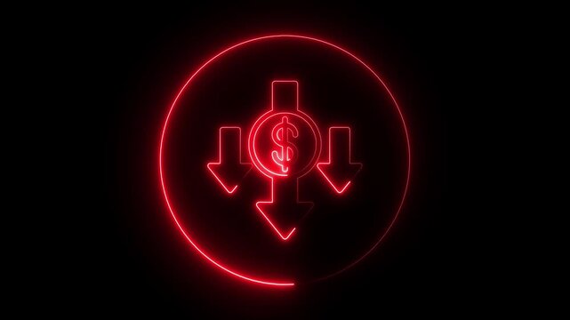 Red Neon Dollar Sign with Downward Arrows in Circle
