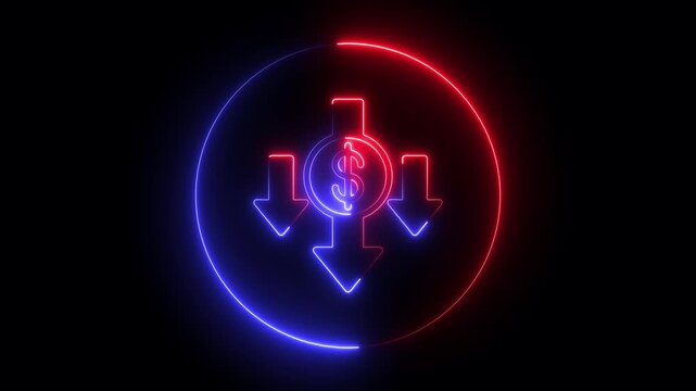 Neon Dollar Sign with Downward Arrows in a Circle
