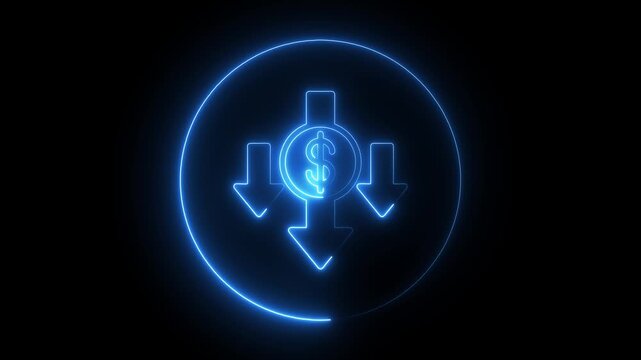 Blue Neon Dollar Sign with Downward Arrows in Circle