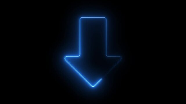 down arrow animation in neon line on black background, glowing neon down arrow on transparent background.