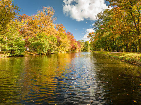 Aerial view of Bydgoszcz canal in sunny and colorful autumn.