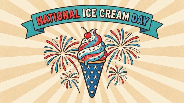 National Ice Cream Day banner with patriotic ice cream cone and fireworks illustration