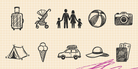 Obraz premium Hand drawn vintage black ink scribble doodle vector set of construction medical transport and smart technology tools