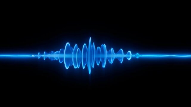 Blue glowing audio waveform pulses across black background. Digital sound wave moves steadily rightward. Ideal for music