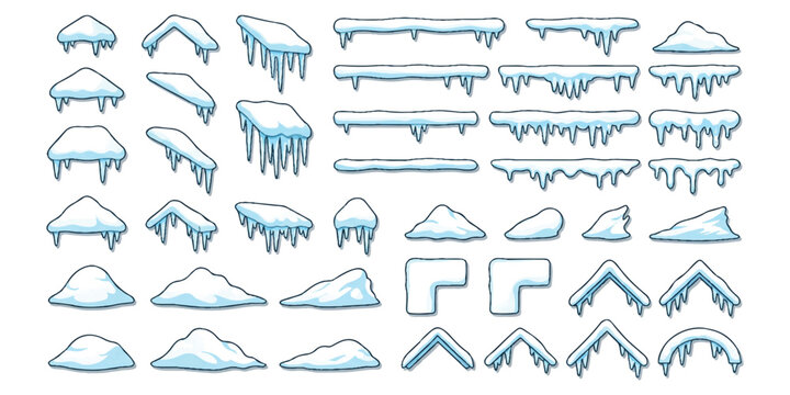 Set of hand drawn snow caps and icicles for winter design elements