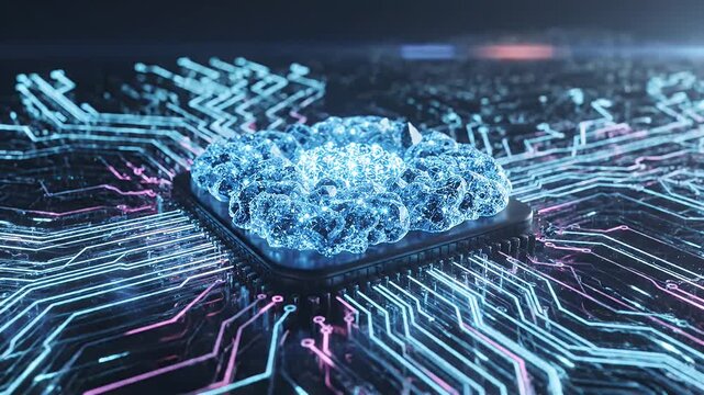 An abstract representation of an artificial intelligence brain on a circuit board.