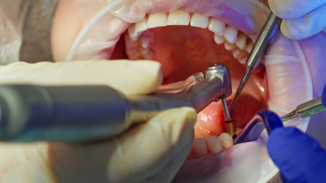 A close-up of dentists drilling a hole for a dental implant in the jaw of a young adult female patient with a dental drill, while draining excess saliva. Footage of a real-life surgical procedure