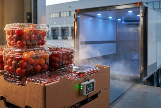 Smart cold chain logistics background. Close-up of packaged organic cherry tomatoes in cardboard boxes by a refrigerated truck