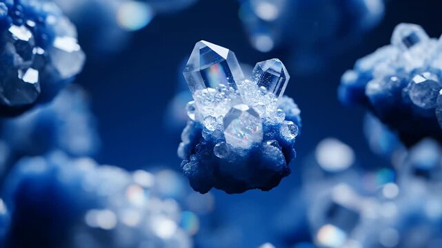 Close-up macro shot of blue crystals on a dark background.