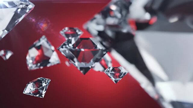 Numerous brilliant diamonds float against a red background with light flares.