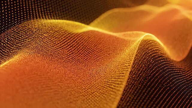 Abstract orange and yellow waves of glowing particles with a dark background.