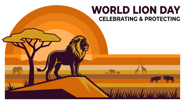 World lion day sunset backdrop featuring a dark walking lion silhouette against a layered golden landscape with multiple acacia trees under a warm twilight sky