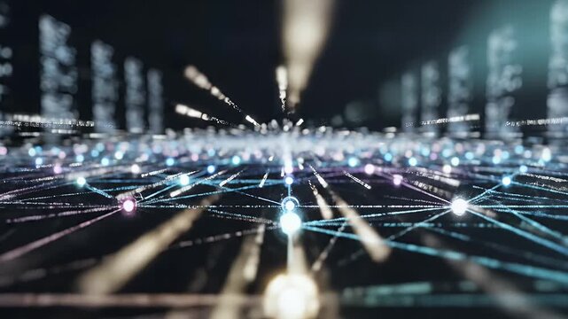 Abstract digital network connections with glowing nodes and city skyline in background.