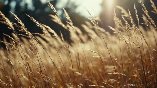 Golden grass sways gently in warm sunlight. Sunlight glows softly behind tall stalks