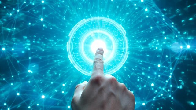 Hand touches glowing blue digital interface. Fingers press virtual button with light burst