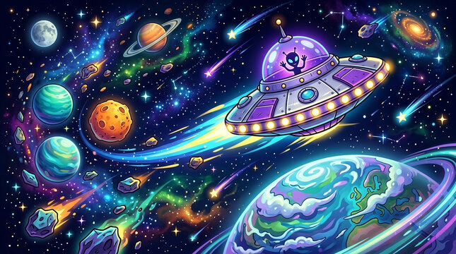Cartoon flying saucer with alien pilot navigating through a vibrant, colorful space scene with planets and stars