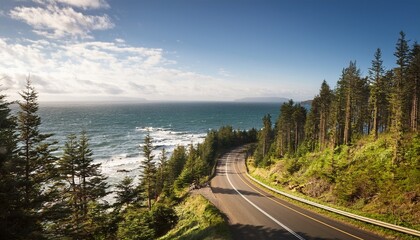 Fototapeta premium Peaceful Drive Through Nature Along A Coastal Forest Road And Ocean