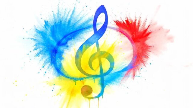 Blue watercolor splash surrounds a musical treble clef. Colors burst outward in vivid hues
