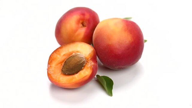 Apricots. Close-up of fresh organic apricot fruits isolated on white background. Fresh bio apricot with leaves, rotating