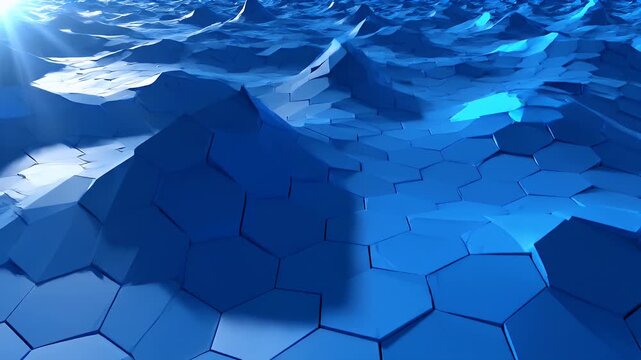 Abstract blue hexagonal landscape with sunlight.
