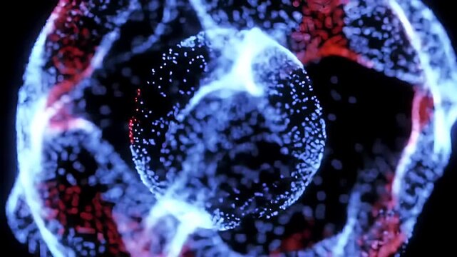 Abstract swirling vortex of blue and red particles.
