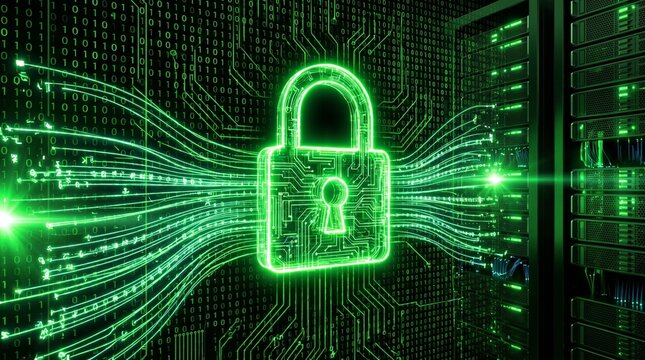 Glowing Green Padlock Cybersecurity Circuit Board Digital Protection