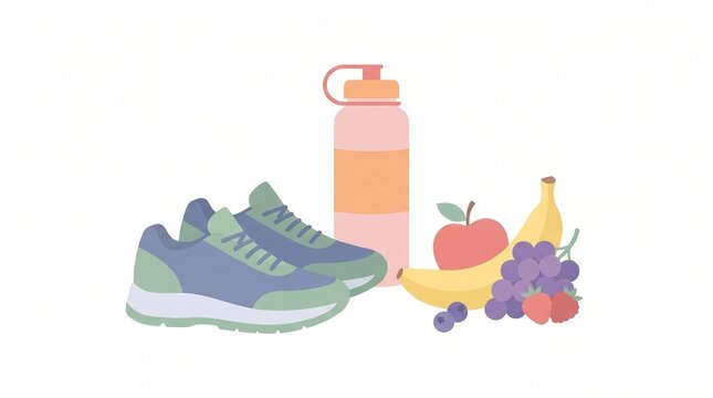 Athletic Sneakers Water Bottle and Fresh Fruits Flat