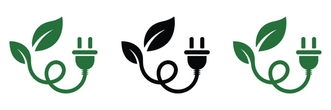Eco Power Plug Icons with Green Leaves, Eco Friendly Electrical Plug Symbols Combining Nature and Cable Elements for Sustainable Energy and Green Technology Concepts