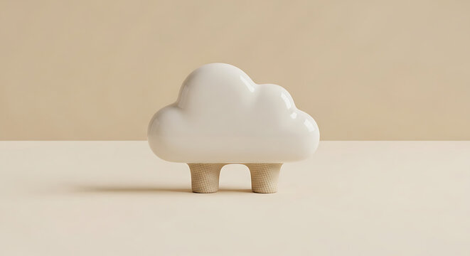 White ceramic cloud-shaped knob with wooden base on beige background