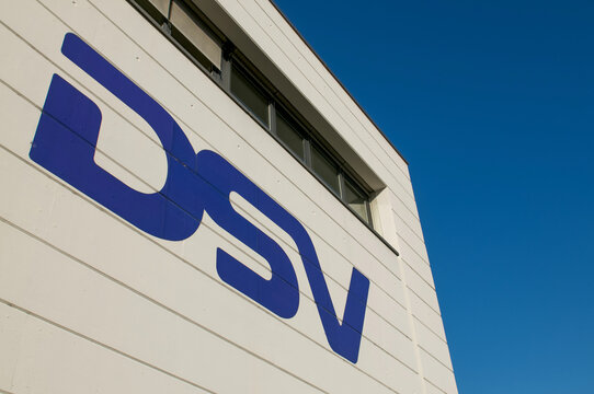 DSV logistics company corporate logo sign close up on building exterior in Switzerland