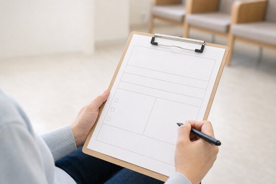 クリニックで予防接種前の問診票を書く手元