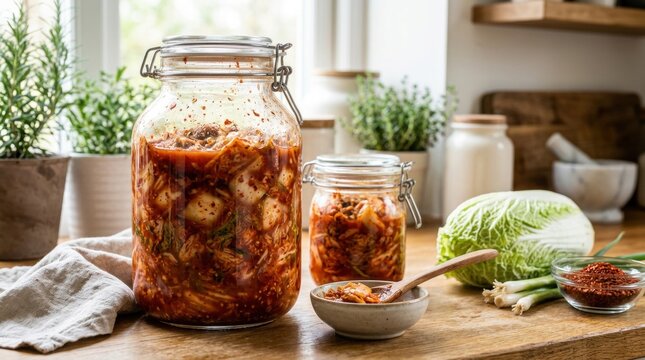 Homemade kimchi in glass jars on a kitchen counter with napa cabbage, scallions and red pepper flakes, bright natural light, fresh fermented food preparation at home still life for advertising and edi