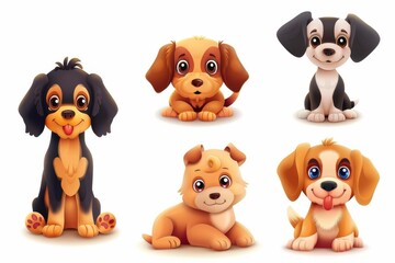 Obraz premium Cute funny cartoon dogs, 3d realistic puppy pet pictogram, dogs set on white background