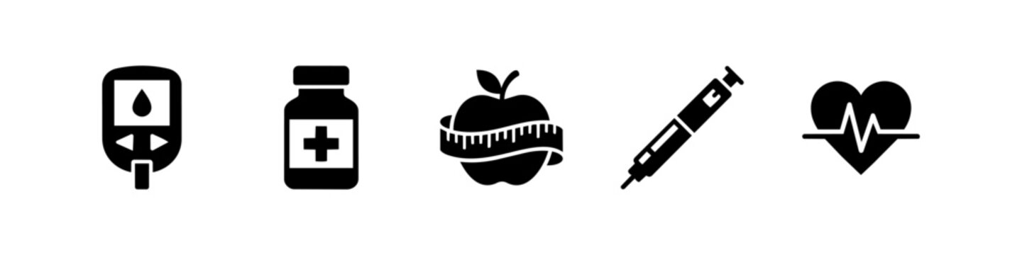 Diabetes and health management icon set featuring a glucometer, medicine bottle, healthy diet apple, insulin pen, and heart pulse. Minimalist black vector symbols on a white background.