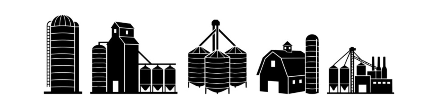 Black silhouette icons of agricultural grain silos, farm storage buildings, and industrial elevator structures isolated on white.