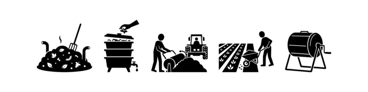 Black and white icons showing composting methods: organic piles, worm bins, industrial processing, field application, and tumblers.