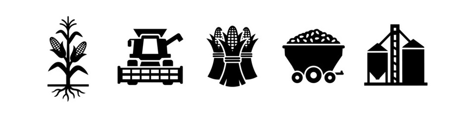 Set of flat black icons depicting the corn harvesting process, featuring a corn stalk, combine harvester, corn sheaves, grain cart, and storage silos on a white background. © Nort Kor
