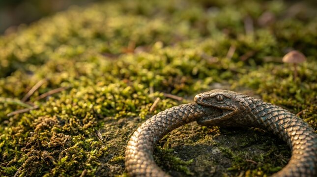 Close-up of a metallic bronze ouroboros snake sculpture resting on green moss