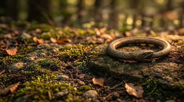 Bronze metal ouroboros serpent sculpture on a mossy stone surrounded by fallen leaves on a forest floor