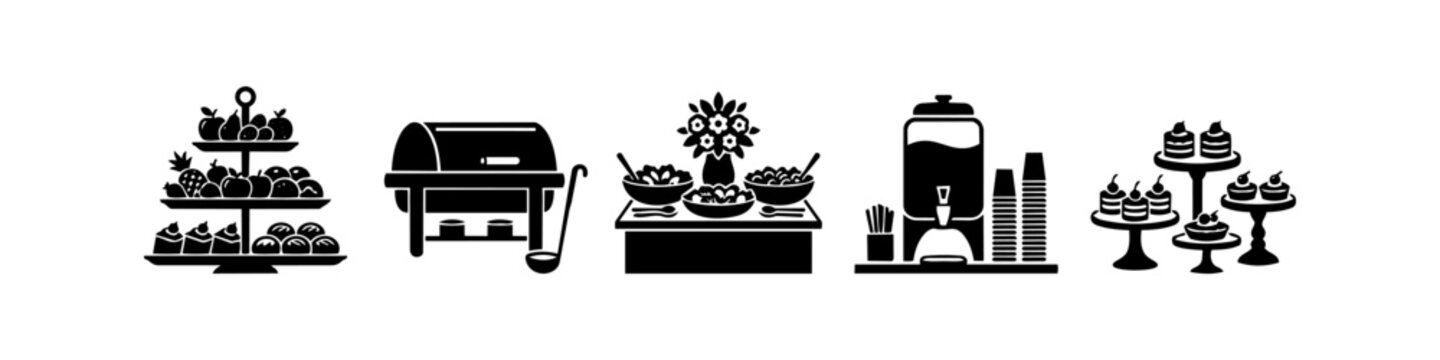 Catering silhouette icons featuring buffet trays, chafing dish, salad bar, beverage dispenser, and dessert stands for event planning.