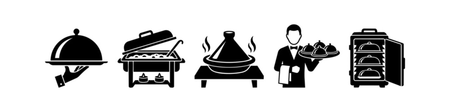 Professional food service and catering icon set featuring a cloche platter, buffet chafing dish, steaming tagine, waiter, and food warmer cabinet. Ideal for restaurant branding and menus.