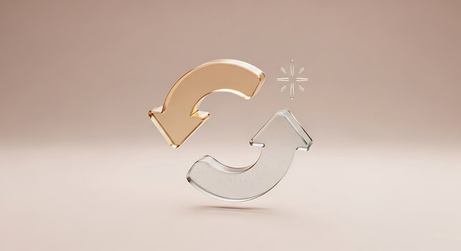 Gold and glass refresh arrows with sparkle on beige background