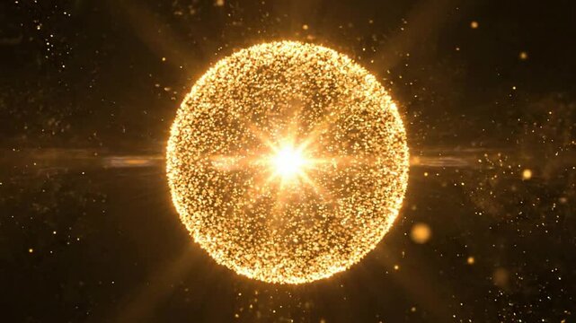 Golden particle sphere explosion, abstract glowing light energy background, luxury motion particles