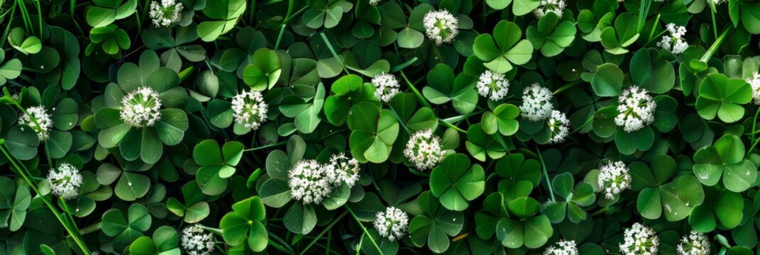 Meadow with White Clover Flowers Top View, Generative AI Illustration