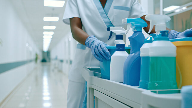 Professional healthcare janitor in uniform organizing a cleaning cart with supplies in a bright sterile clinic corridor