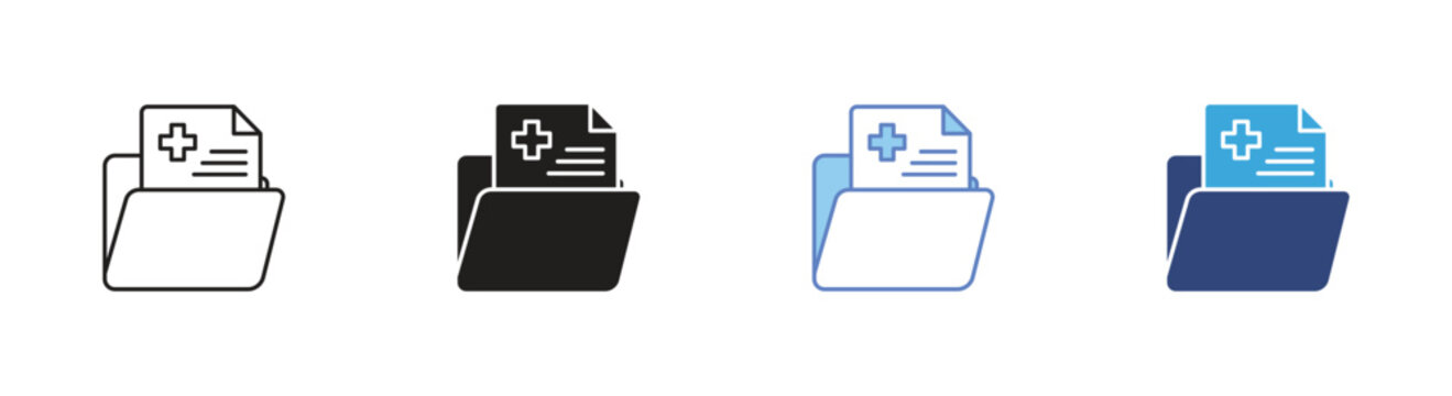 Medical folder icons set, Patient record file symbols, Healthcare document icons, Clinical data storage signs, Medical archive vector icons