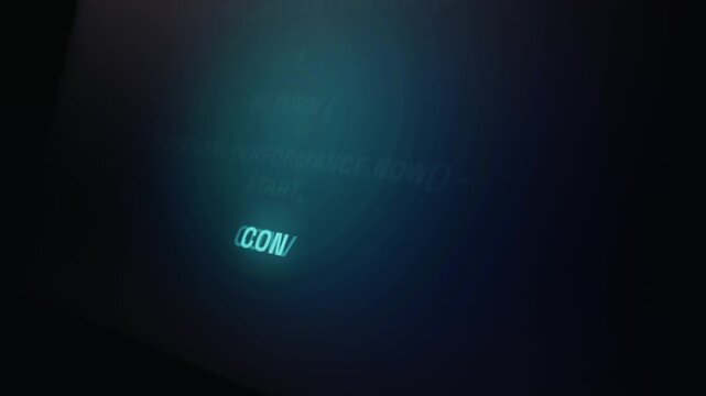Teal glowing text displays machine learning code and performance metrics on a dark digital display. Concept of artificial intelligence, neural network training, and future technology.