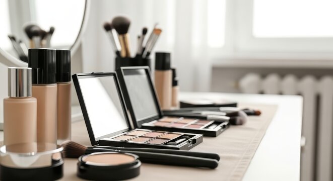 Professional makeup cosmetics arranged on a white vanity table. Liquid foundation bottles, eyeshadow palettes, and brushes in a salon. Beauty and grooming concept