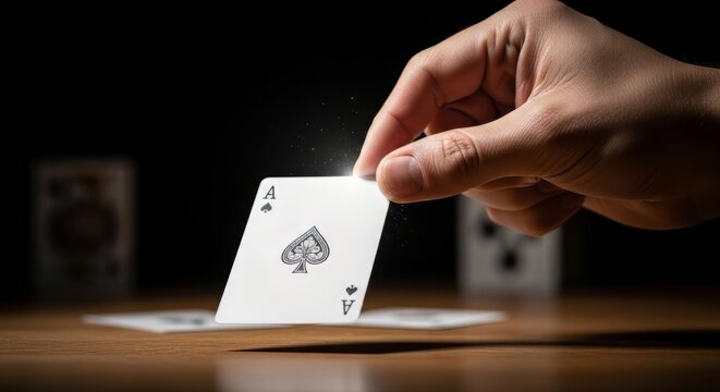 Hand holding an ace of spades playing card. Close up of poker player showing winning card on wooden table. Gambling and magic concept