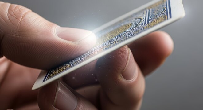 Extreme close up of a hand holding a playing card. Detailed view of intricate blue and gold card back design. Magic and poker concept